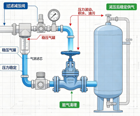 气动三通调节阀振荡异响，气源与管路问题整改方案(图1)
