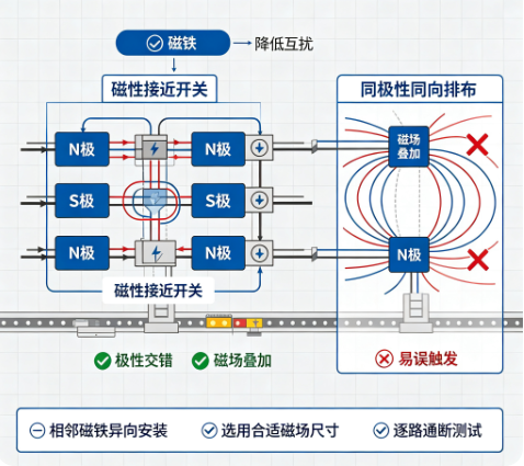 多开关并排布设磁性接近开关防互扰要点(图1) 多开关并排布设磁性接近开关防互扰要点(图1)